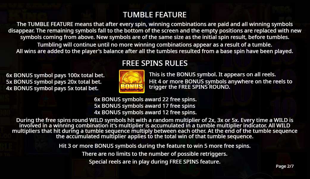 Buffalo King Megaways slot game tumble feature and free spins rules