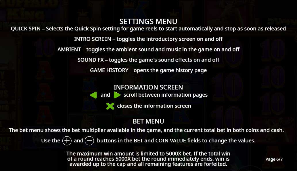 Buffalo King Megaways slot game setting and bet menu